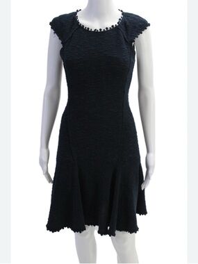 Rebecca Taylor navy blue tweed dress with pom pom trim. Size: 4 minimalist